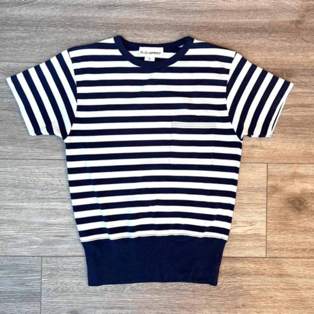 E.Z Spirit Women's Blue & White Striped Elastic Hem Short Sleeve Nautical Top S